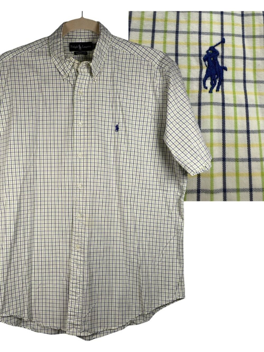 Ralph Lauren Short Sleeve Shirt Mens XL Green Plaid Tattersall Polo Pony Classic